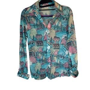 Vintage Y2K Paris Cityscape Mesh Blouse - Elles Belles Nylon Vintage Size 10